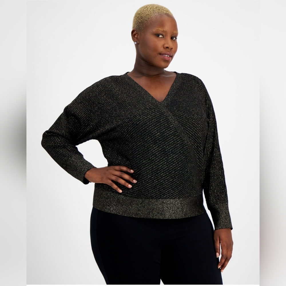 JM COLLECTION WOMEN'S BLACK METALLIC WRAP SWEATER SIZE 2X & 3X NWT